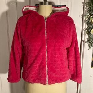 2000s hot pink fuzzy hooded zip up